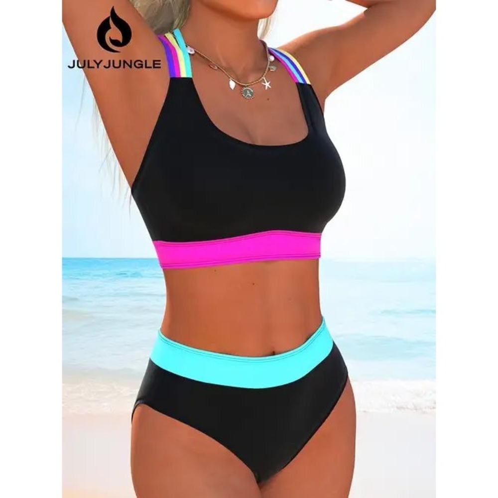 NEW July Jungle Womens Two Piece Bikini Set Black Neon Strappy High Waist Size L